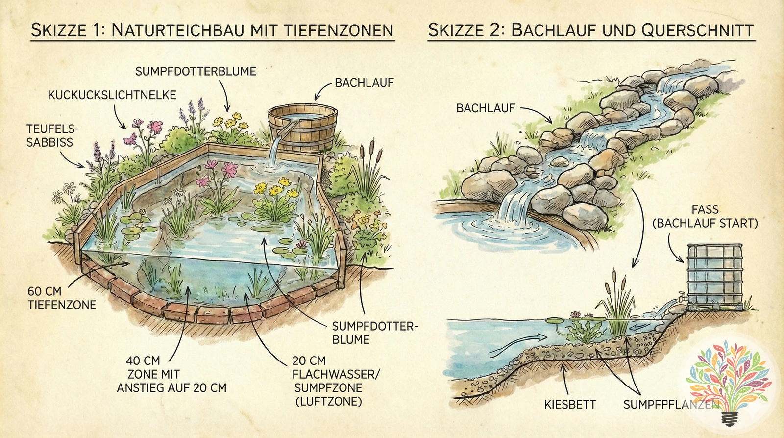 Schizzo: Costruzione di uno stagno naturale con zone di profondità e ruscello — zona palustre, acqua bassa, letto di ghiaia