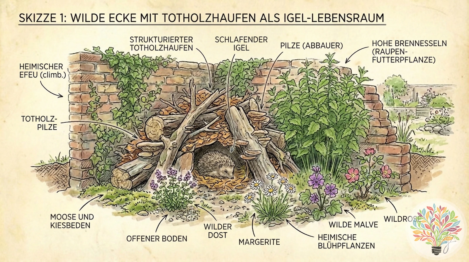 Schets: Wilde hoek met stapel dood hout als egelhabitat — houtzwammen, inheemse bloemen, mossen